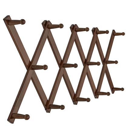 SKOLOO Hat Rack for Wall with 14 Hooks, Solid Wooden, Modern, Expandable Coat Rack Wall Mount for Coats, Hats, Bags, Baseball Caps, Walnut Color
