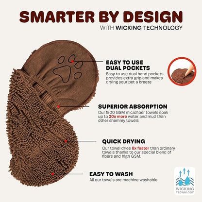 Dog Gone Smart The Dirty Dog Shammy - Antimicrobial Microfiber Dog Towel for Odor Control, Fast-Drying Plush, Dual Hand Pockets & Elastic, Super Absorbent, Machine Washable, 31 x 13 in, Brown