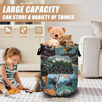 Retro Mountain Bear Laundry Basket, Foldable Wild Animals Laundry Hamper Tote