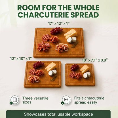 LAIFsolutions Wood Cutting Boards for Kitchen with Juice Groove, Eco-Friendly Wooden Bamboo Chopping board, Food-Safe, Non Plastic Tabla Para, Carbonized Butcher Block for Meat, Veggies Fruits, 3-Set