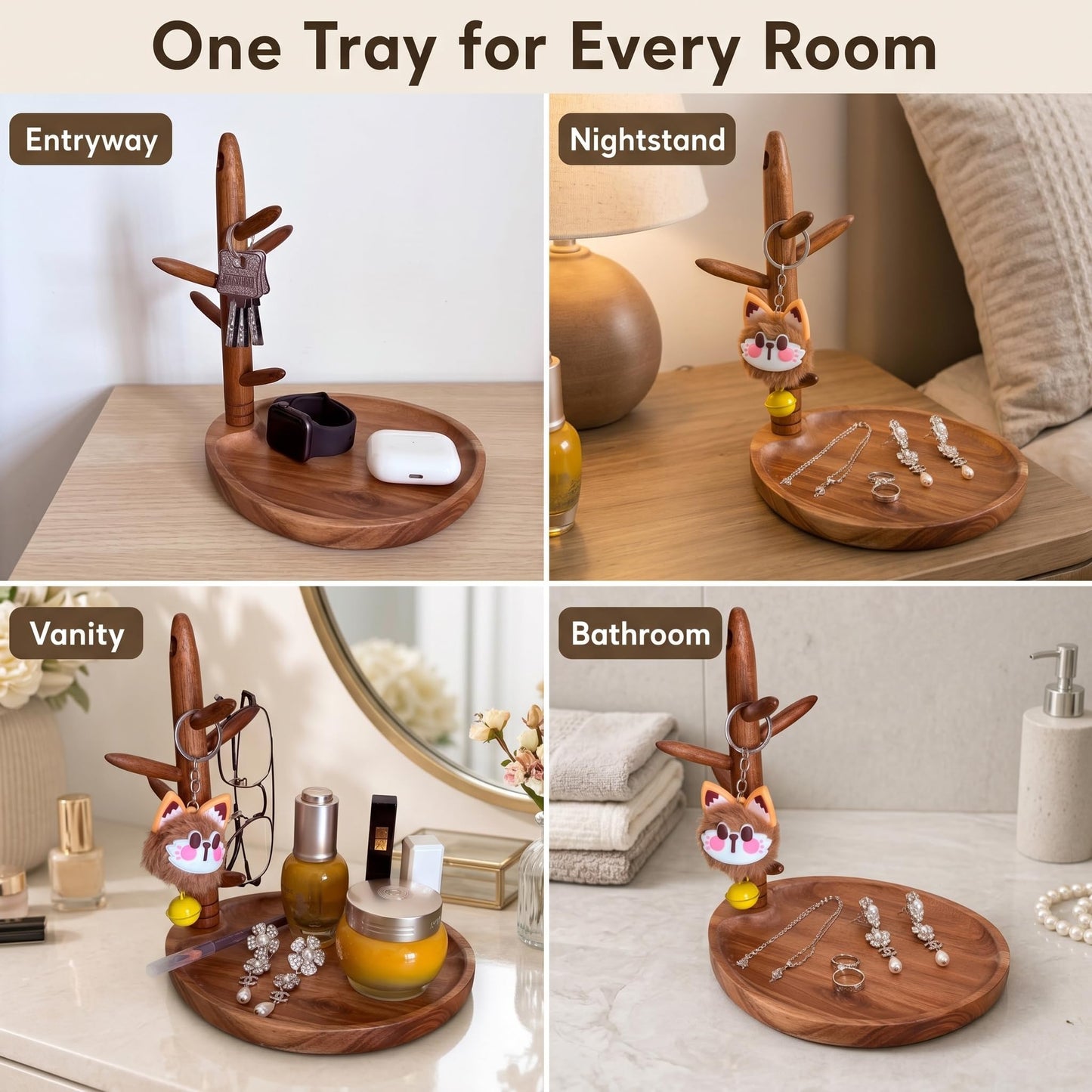 LEASUR Solid Acacia Key Tray for Entryway Table, Key Holder with 5 Hooks and Catchall Tray, Organizer for Wallet, Watch, Jewelry, Dresser Nightstand Room Decor Gift