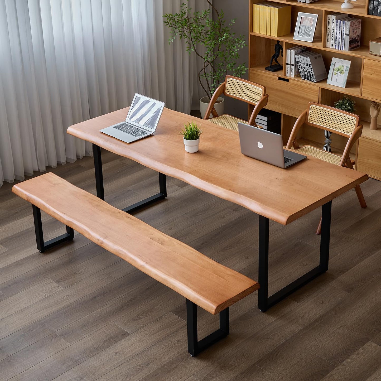 quanzhoulong Stylish Brown Wooden Long Bench with Sturdy Metal Legs – Versatile Seating for Office, Restaurant, Living Room, and Meeting Room(Brown Bench, 55.12in)