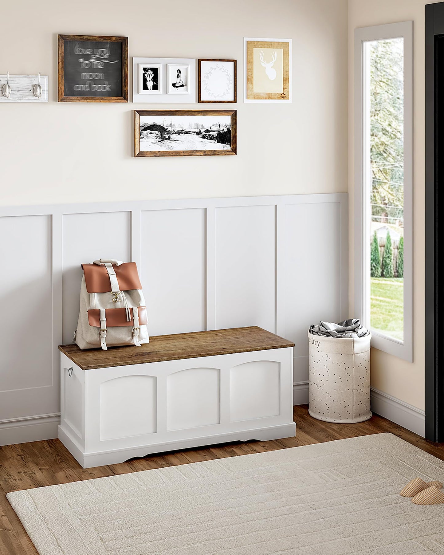 CHOEZON 39.4" Storage Chest Bench with Lift Lid, Toy Chest with Safety Hinge, Entryway Shoe Bench, Wooden Storage Trunk, Holds up to 220 lb, for Living Room, Bedroom, Hall, White and Walnut MCW12WL