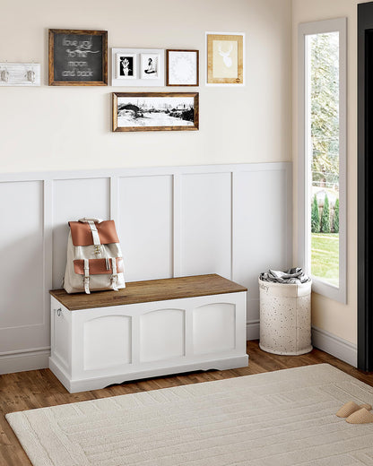 CHOEZON 39.4" Storage Chest Bench with Lift Lid, Toy Chest with Safety Hinge, Entryway Shoe Bench, Wooden Storage Trunk, Holds up to 220 lb, for Living Room, Bedroom, Hall, White and Walnut MCW12WL