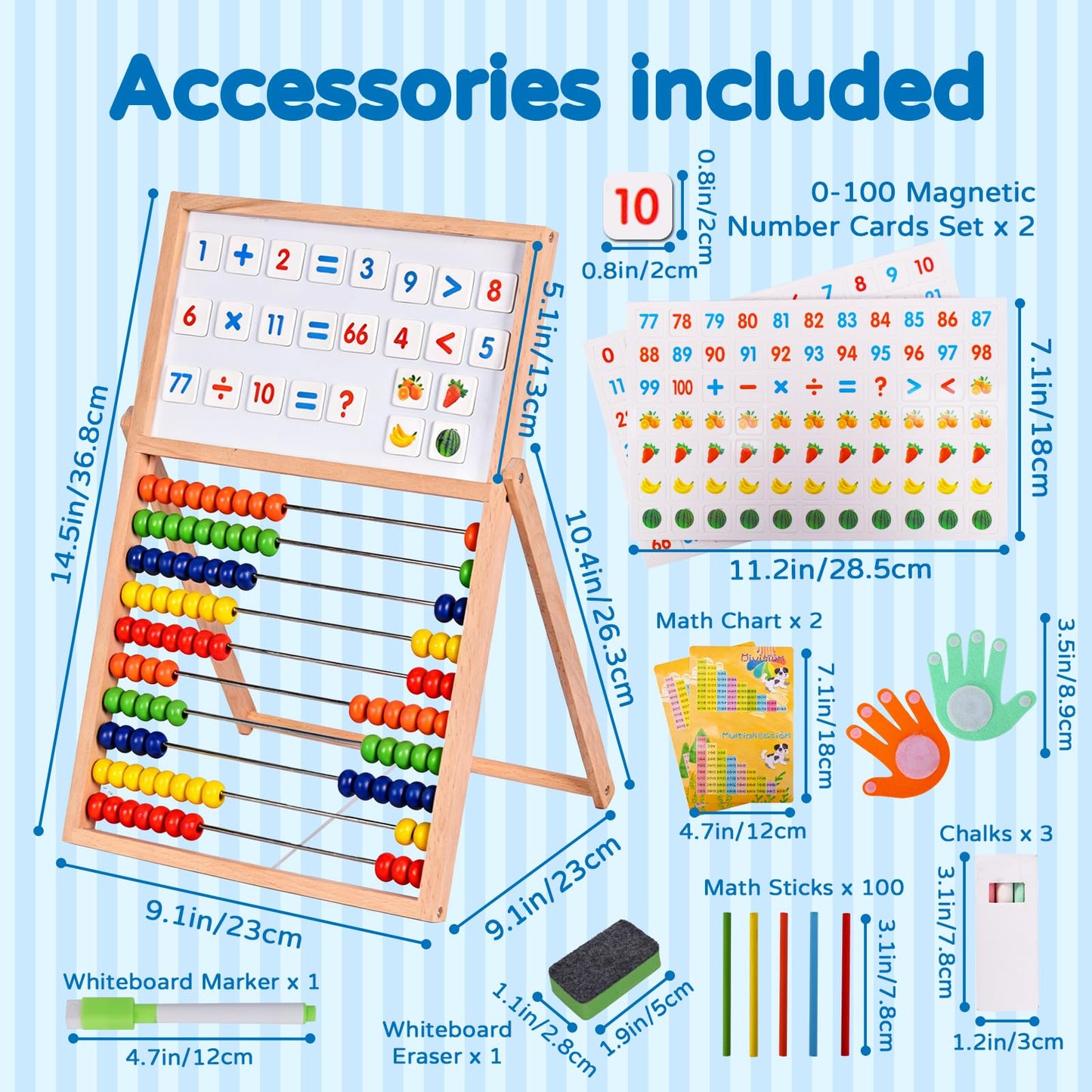 Wooden Abacus for Kids Math - Double-Sided Black/Whiteboard for Toddlers with 152 Magnetic Number & Fruit Cards, 100 Counting Sticks and Number Blocks Finger Counting Toys Homeschool Essentials