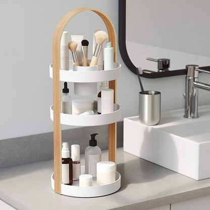 Umbra Bellwood Caddy, Organizer for Makeup and Cosmetics, Durable Rotating Container with Wooden Handle, Large, White/Natural
