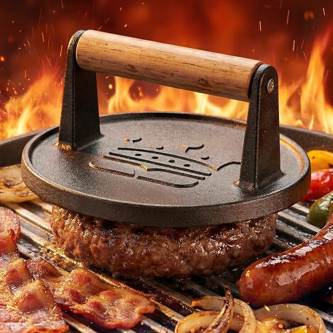 Smash Burger Press 6.5”, Includes 20 Pcs of Baking Paper, Cast Iron Flat Round Edge Grill/Bacon/Meat/Hamburger/Chef Press with Wood Handle, Hamburger Press Patty Maker for Griddle Accessories