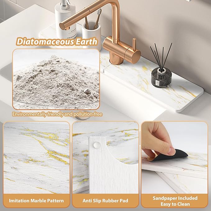 Kitchen Sink Faucet Mat, Diatomaceous Earth Quick Dry Sink Splashback Drying Mat