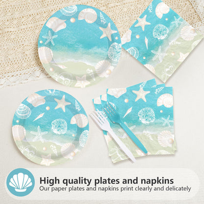 Greencian 200Pcs Seashell Beach Party Decorations Beach Seashell Starfish Plates and Napkins Disposable Ocean Themed Party Tableware Sets for Birthday Baby Shower Wedding Supplies Serves 50