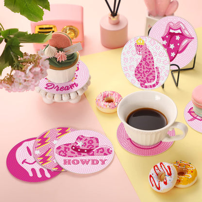 Shellwei 8 Pcs Pink Preppy Diamond Painting Art Coasters with Holder Y2k Smile Face Butterfly Diamond Art Coaster Kit DIY Craft Gift for Adults Beginners
