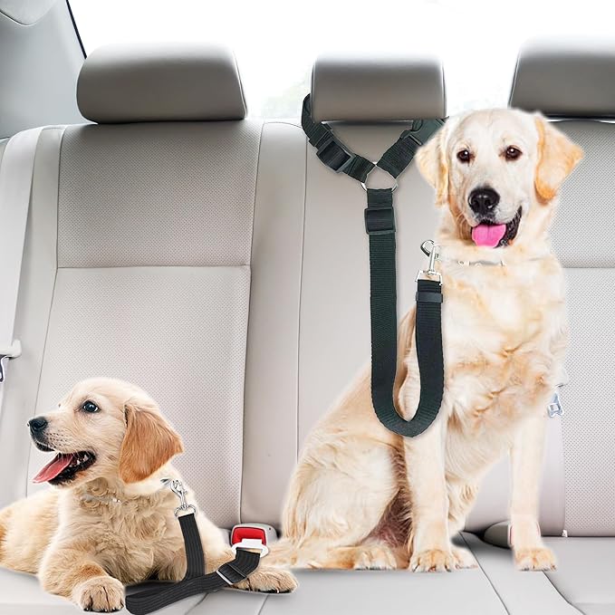 SunGrow Dog Seatbelt & Leash, Universal Vehicle Seatbelt Harness for Car Headrest, Pet Travel Essential, Adjustable Lead, Black Nylon, 19”-31” & 14-19” x 17-30”, 2 Pcs. Per Pack