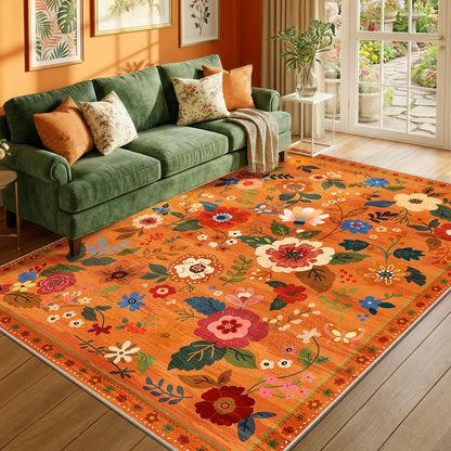 RELEANY Floral 5x7 Area Rugs Washable Print Boho Cute Carpet Non Slip Flower Low Pile for Living Room Bedroom Kitchen Office Farmhouse-Burnt Orange