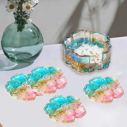 Panamalar Silicone Coaster Resin Molds, 5PCS Flower Coaster Molds with Holder Mold for Epoxy Resin, Coaster Tray Resin Casting Molds for DIY Art Craft Home Decoration Table Wine Cup Mat