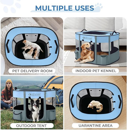 Foldable Dog Cat Playpen, Portable Dog Crate for Puppies, Cat, Puppy Play Pen for Indoors, Kennel Tent Crate for Indoor Outdoor Travel Camping Use with Carrying Case (Blue, M)