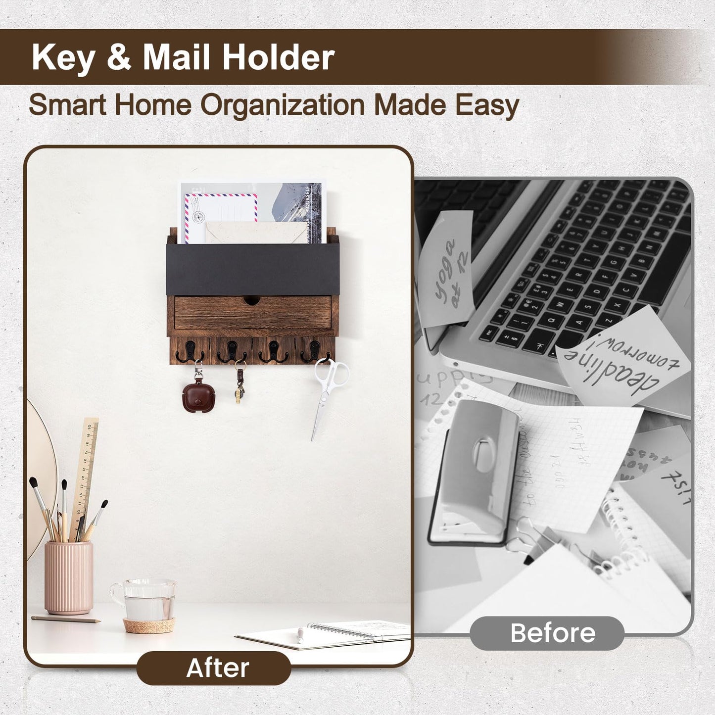 Lucundm Mail and Key Holder Wall Mount with Storage Drawer – Modern Wooden Mail Organizer for Wall Entryway, 7 Key Hooks & Chalkboard Panel – Stylish Home Decor for Apartments, Living Room, Office