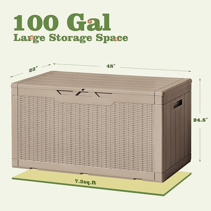 Flamaker Outdoor Storage Box 100 Gallon Waterproof Resin Deck Box Delivery Box with Air Rod Indoor Outdoor Lockable Storage Bench for Patio Cushions, Tools, Pool Accessories (Brown)