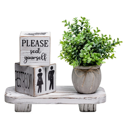 Liswit Farmhouse Funny Bathroom Decor Signs, 3 Wooden Blocks with Plant & Tray, Rustic Decoration for Bathroom Countertop