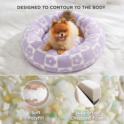Lesure Shown on TV Donut Dog Beds Large - XL Calming Round Sofa as Present for Pets with Washable Cover, Orthopedic Home Decor Bed with Jacquard Shaggy Plush & Anti Slip Bottom, 36 Inch，Flower Checks