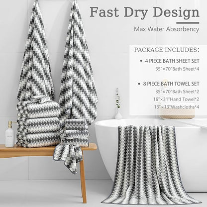 8 Piece Bathroom Towel Set Dark Grey|2 Oversized Large Bath Towels Sheet