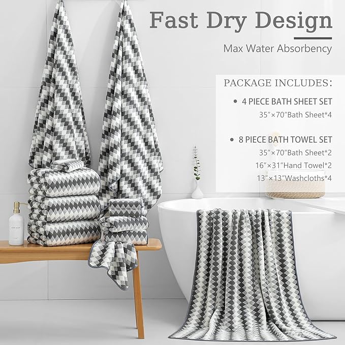 4 Piece Bath Towel Set Oversized Bath Sheet 35"x70" Bathroom Towel Extra Large