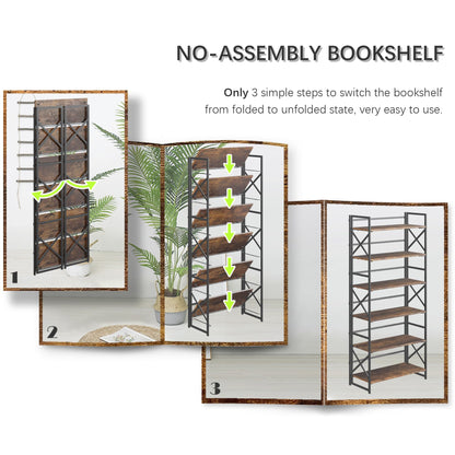 4NM 6 Tiers No Assembly Book Shelves, 61.8" H Folding Bookshelf Bookcase Open Industrial Foldable Shelves for Bedroom, Living Room, Home Office - Rustic Brown Black