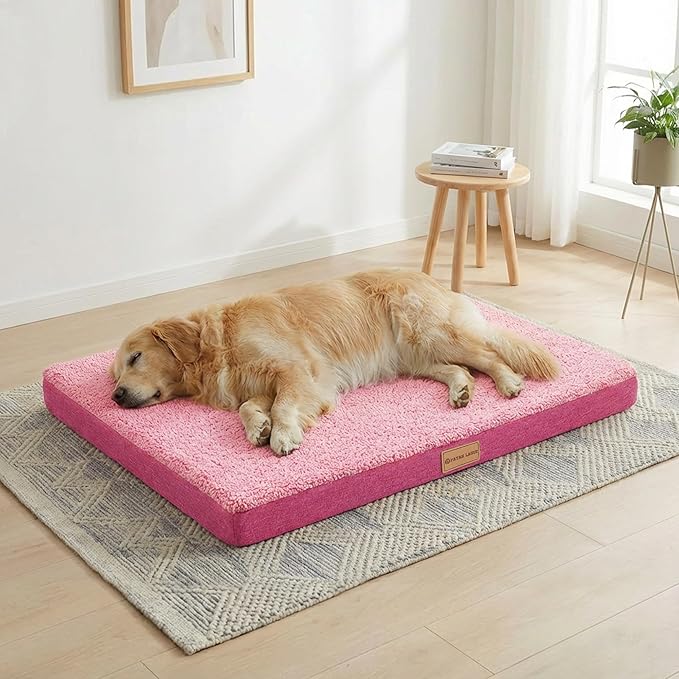 Patas Lague Orthopedic Jumbo Dog Bed for Large Sized Dog 56''X40'', Soft Waterproof Egg Crate Foam Large Pet Crate Beds Mat with Removable Washable Cover and Non-Slip Bottom, Pink