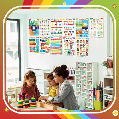 Sproutbrite 11 Pack 13.75"x19.75" Educational Posters for Toddlers Large Classroom Decorations for Preschool & Homeschool – Includes Alphabet, Numbers, Seasons, and Emotions – High-Visibility Learning Charts for Ages 3-5