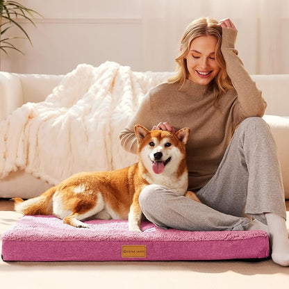 Patas Lague Orthopedic Jumbo Dog Bed for Large Sized Dog 56''X40'', Soft Waterproof Egg Crate Foam Large Pet Crate Beds Mat with Removable Washable Cover and Non-Slip Bottom, Pink