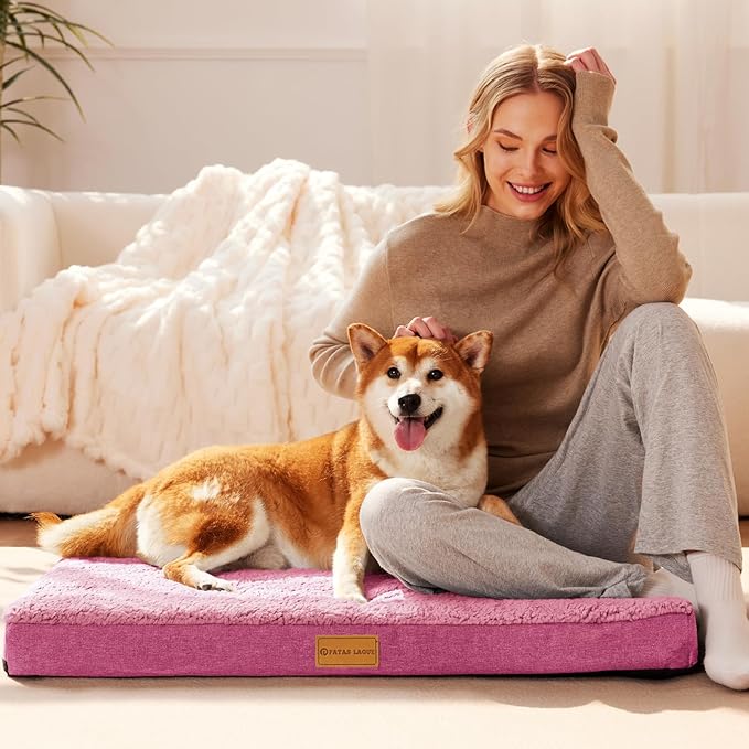 Patas Lague Orthopedic Dog Bed Large Sized Dog 36''X24'',Soft Waterproof Egg Crate Foam Medium Pet Crate Beds Mat with Removable Washable Cover and Non-Slip Bottom, Pink