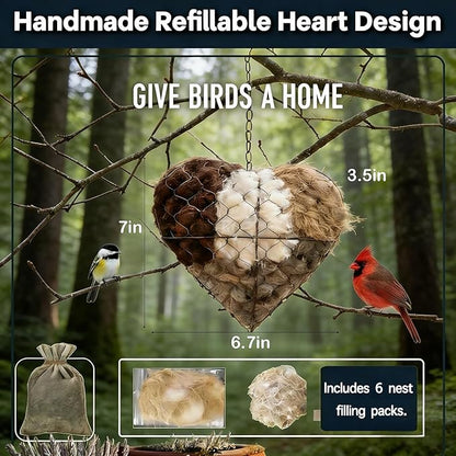 Handmade Alpaca Fiber Bird Nesting Heart with 6 Refill Bags, Reusable Nesting Material Accessory for Wild Birds, Outdoor Garden Decoration, Gift for Bird & Nature Lovers (3 Sets)