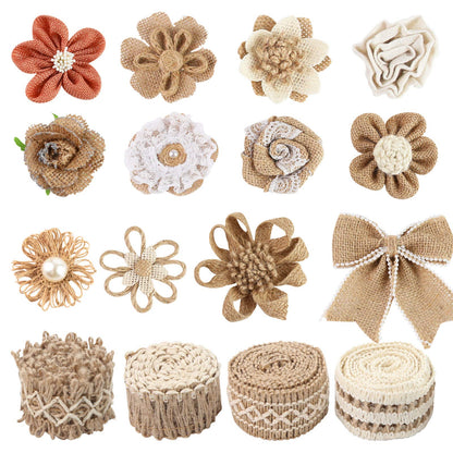 VGOODALL 16 PCS Natural Burlap Flowers Set, Including 12 PCS Handmade Lace Burlap Flowers and Bowknots, 4 Rolls Burlap Ribbon for Christmas Birthday Party Wedding Home Embellishment DIY Crafts