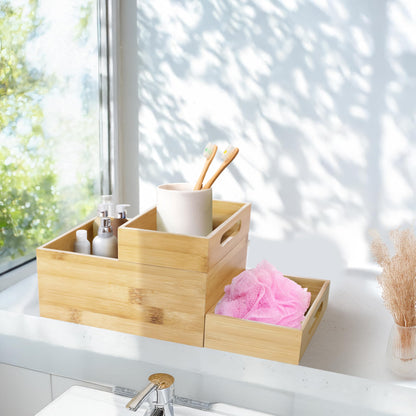 HOMESTEAD 3-Piece Stackable Bamboo Storage Box, Office Desk Organizer, Wooden Boxes for Makeup Drawer Organizer Bathroom, Office Supplies, Kitchen Utensils, Bamboo Storage Containers, Jewelry Tray