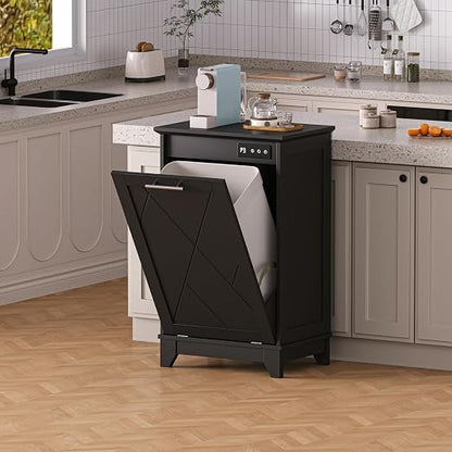 Single Tilt Out Trash Can Cabinet with Negative Ion Odor Control, Hidden 10-Gallon Recycling Cabinet, Dog Proof Garbage Can for Kitchen, Laundry, Dining Room, Black
