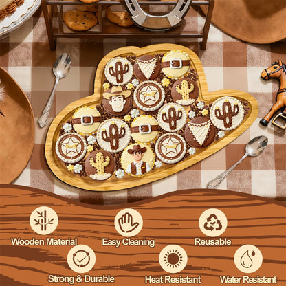 1Pcs Wooden Cowboy Baby Shower Party Decoration Hats Charcuterie Board First Rodeo Birthday Plates Cowgirl Serving Trays Reusable Fillable Food Platter for Western Gender Reveal Tabletop Supplies
