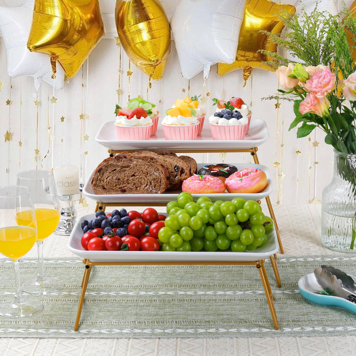 HAPPY KIT 3 Tier Serving Tray Set with Gold Freely Combinable Rack,12 Inch Tiered Tray Stand,Widened Porcelain Platters,Decor Cupcake Stand for Christmas Party Display,Dessert Trays Collapsible