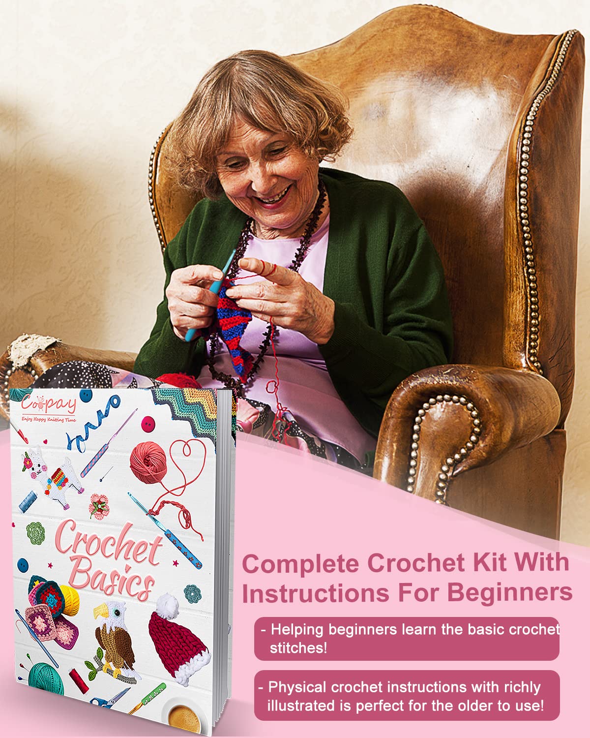 Coopay Crochet Kit for Beginner Adult Kids, 16 Colors Yarn, Portable, Double-Layer Case, Suitable for Kids & Adults