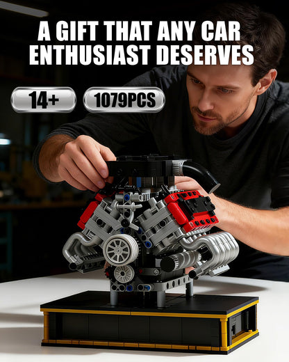 MOCBURIKU V8 Engine Building Set, Build Your Own Mini V8 Model Engine Kit that Run with Battery and Motor, 8-Cylinder Car Model Engine Building Toys for Adults Kids Age 14+ (1079PCS)