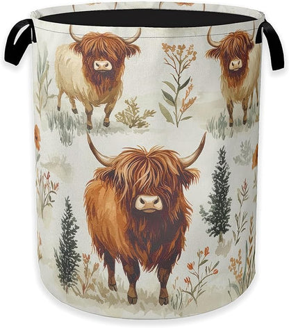 Laundry Hamper, Highland Cow Laundry Basket, Farmhouse Watercolor Flower