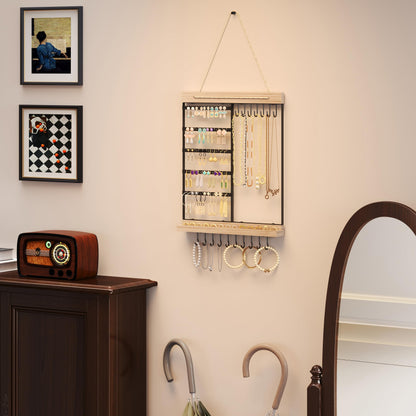 Feyejade Hanging Jewelry Organizer, 5-Tier Wall Earring Holder with Wooden Ring Groove, Jewelry Rack Wall Mounted for Earrings, Necklaces, Bracelets and Rings, Jewelry Holder Stand, Black