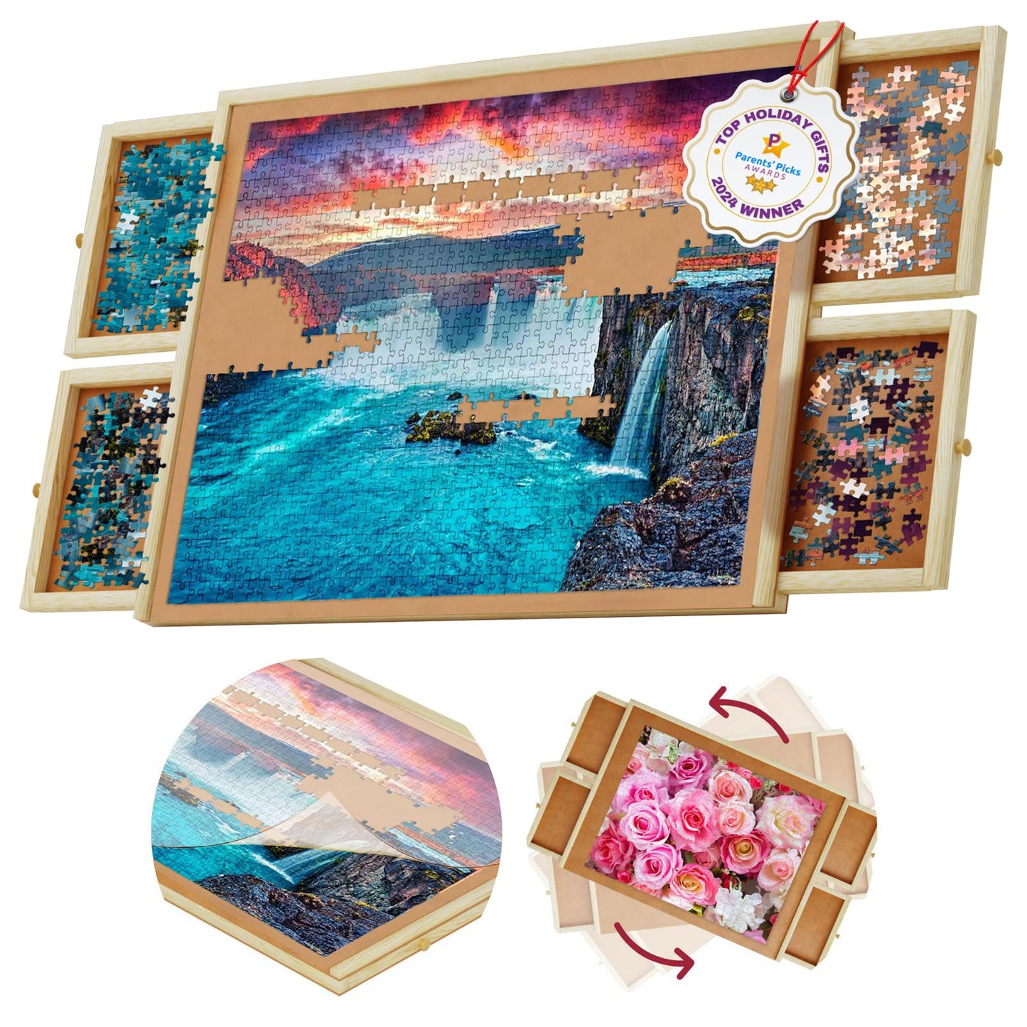 1000 Piece Rotating Puzzle Board with Drawers and Cover - 4 Drawers, Wooden Jigsaw Puzzle Table | 30” X 22”| Jigsaw Puzzle Board - Portable Puzzle Tables for Adults and Kids by Beyond Innoventions