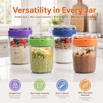 EONJOE Overnight Oats Containers with Lid and Spoon - 16oz Glass Mason Jars for Meal Prep, Yogurt,Pudding- Set of 4