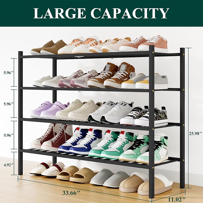 Smiry Long Bamboo Shoe Rack, 4 Tier Free Standing Wooden Shoe Organizer, Stackable Wood Shoe Storage Shelf for Closet, Entryway, 12 Vertical Slats, 2+2 Stack Standard Legs, 33.7"x11"x26", Black