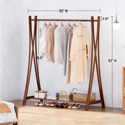 LEMODOR Wooden Retail Display Hanging Clothes Rack with Storage Shelf, 52" W x 57" H Freestanding Heavy Duty Clothing Drying Garment Rack for Hanging Clothes, Coat, Dress, Shirt, Hat