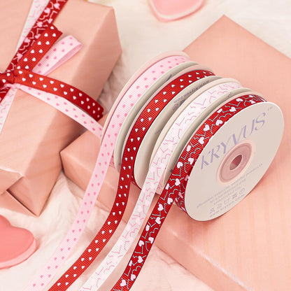 Kryvus Valentine's Day Ribbon Set - 4 Rolls Heart Printed Grosgrain Ribbon, 3/8 Inch x 60 Yards Total for Gift Wrapping, Crafts, Home Decor, Party Supplies (Red, White, Pink, Hot Pink)