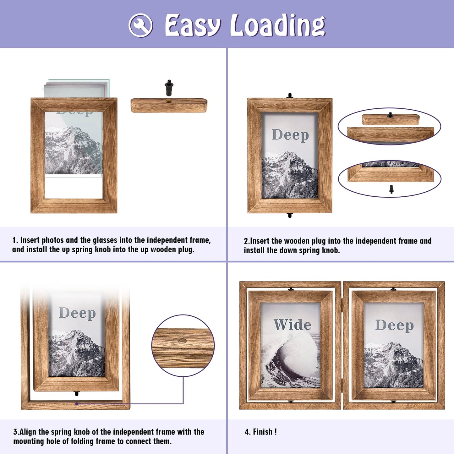 Emfogo 5x7 Picture Frame Rustic Wood Hinged Folding Double Photo Frame, Double Sided Display Rotatable High Definition Glass Collage Picture Frames Vertically on TableTop (Carbonized Black)