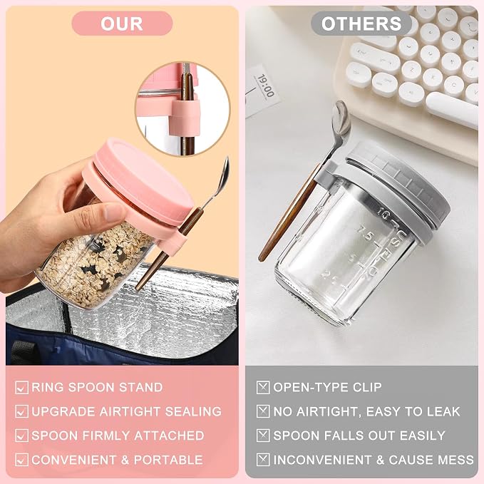 16oz Glass Mason Overnight Oats Jars, Cereal, Yogurt, Salad Lunch,Glass Overnight Oats Containers with Lids and Spoon, Container with Measurement Marks - (Yellow-2Pcs)