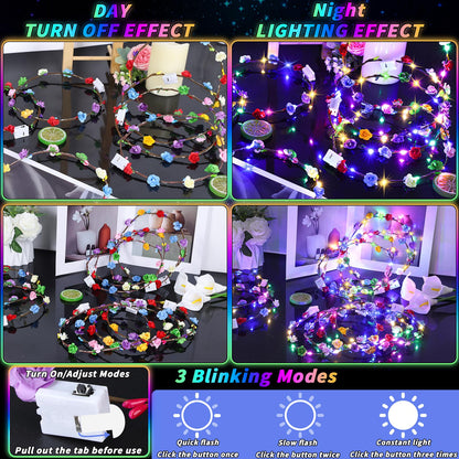 UZLU 80 Pcs LED Flower Crown Headband Glow Floral Wreath Crown for Women Light Up Flower Headband Glow in the Dark Hair Accessories for Wedding Birthday Cosplay Beach Party Favor