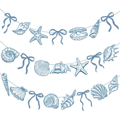 Summer Coastal Beach Party Supplies 3PCS Blue Bow Starfish and Seashell Banners Nautical Party Decor Sea Starfish Seashell Cutout Banner for Baby Shower Wedding Bachelorette Birthday Decorations