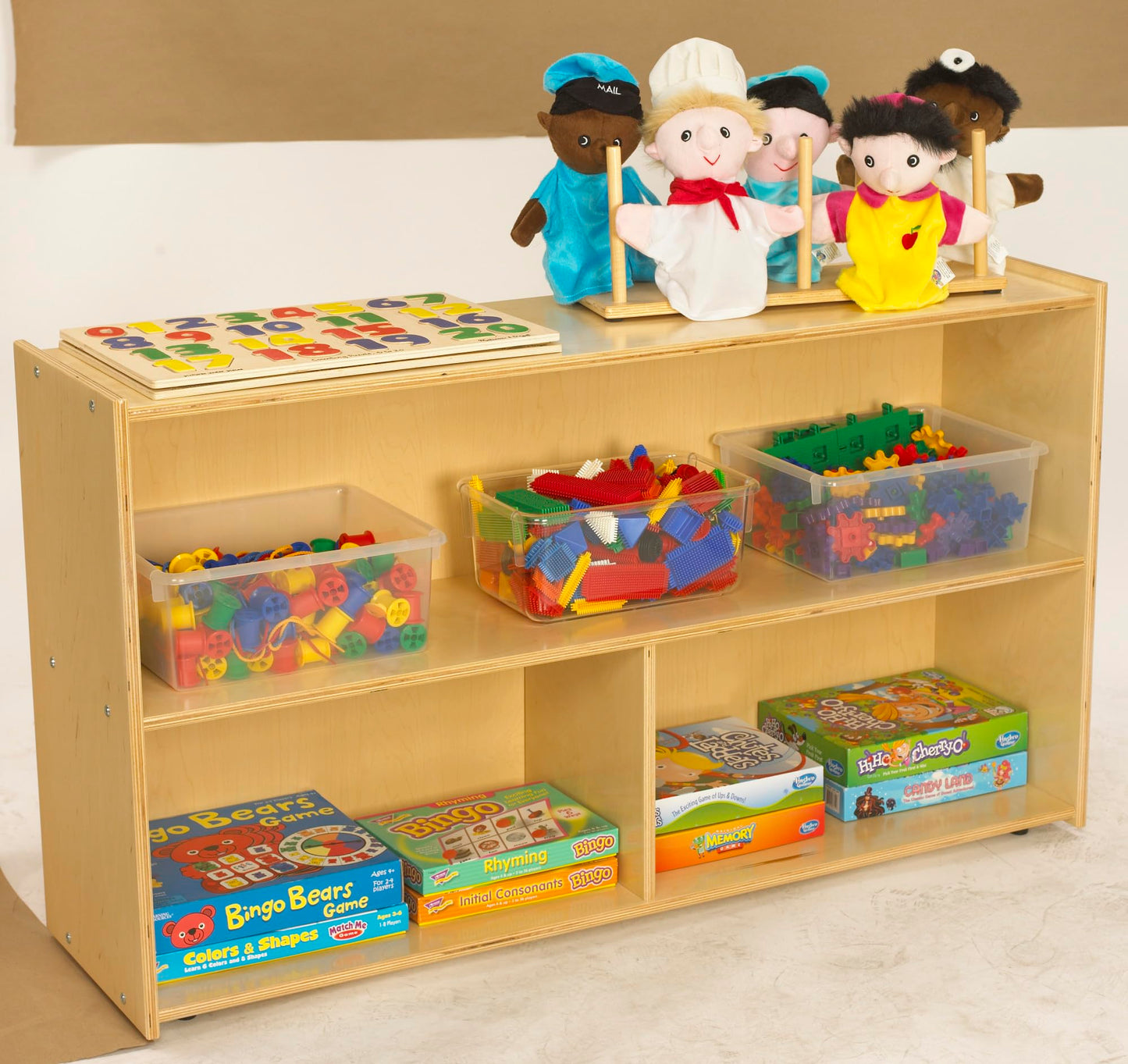 Childcraft ABC Furnishings 2-Shelf 3-Compartment Storage Unit for Classrooms and Homes, Wooden Bookshelf and Organizer, 48 x 13 x 27-3/8 Inches