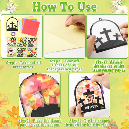 Qyeahkj 36 Set Easter Jesus Cross Suncatchers Crafts for Kids DIY Christian Religion Cross Window Tissue Paper Craft Kit Hanging Decor for School Home Activity Art Project Birthday Party Favor